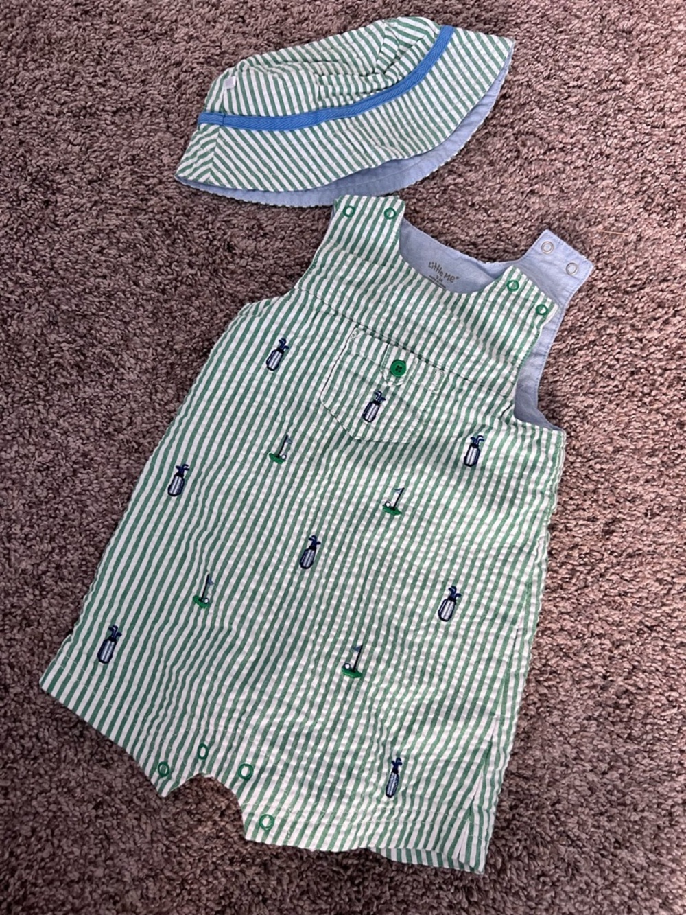 Little Me Green and White Striped Romper with Matching Sun Hat
